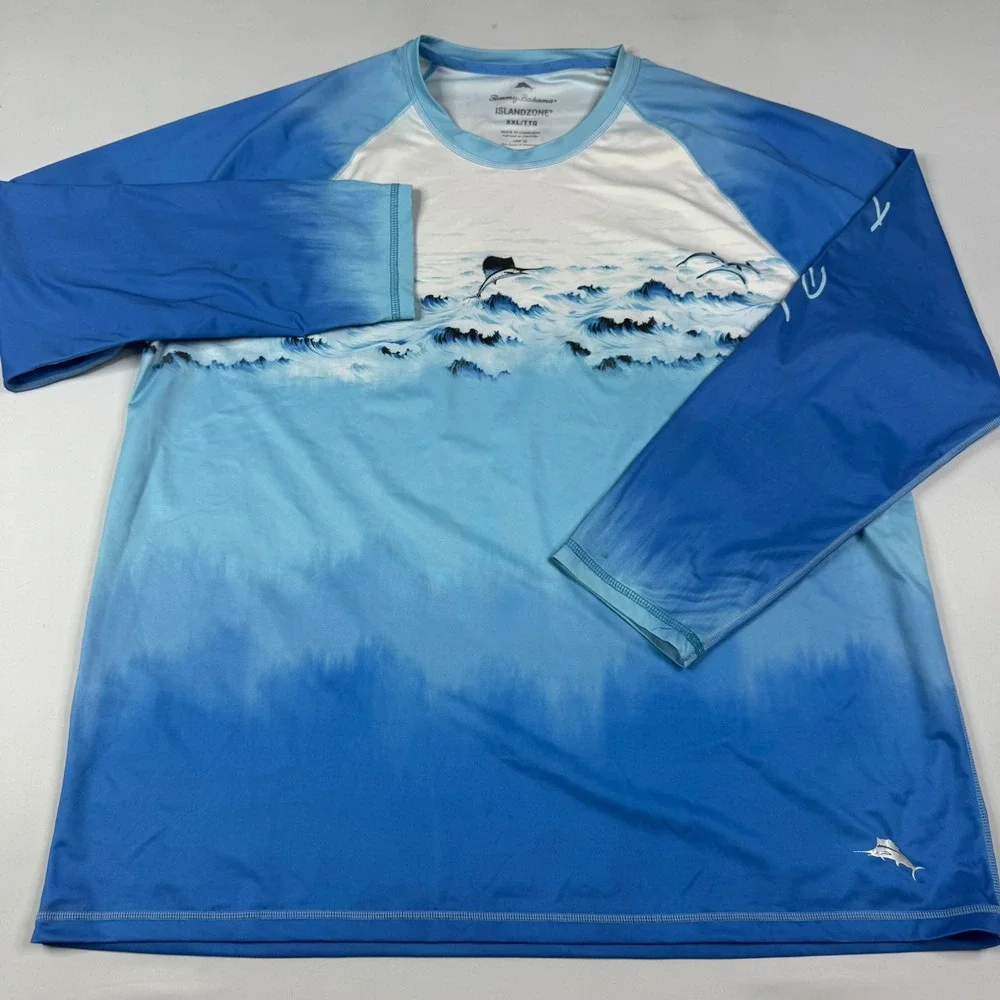 Tommy Bahama IslandZone Rash Guard‎ Mens XXL Blue Marlin Dolphin UPF 30 Shirt